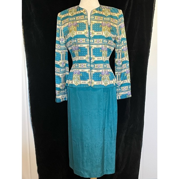 ADRIANNA PAPELL TEAL SILK SKIRT AND JACKET SET SIZE 8 - Picture 1 of 12